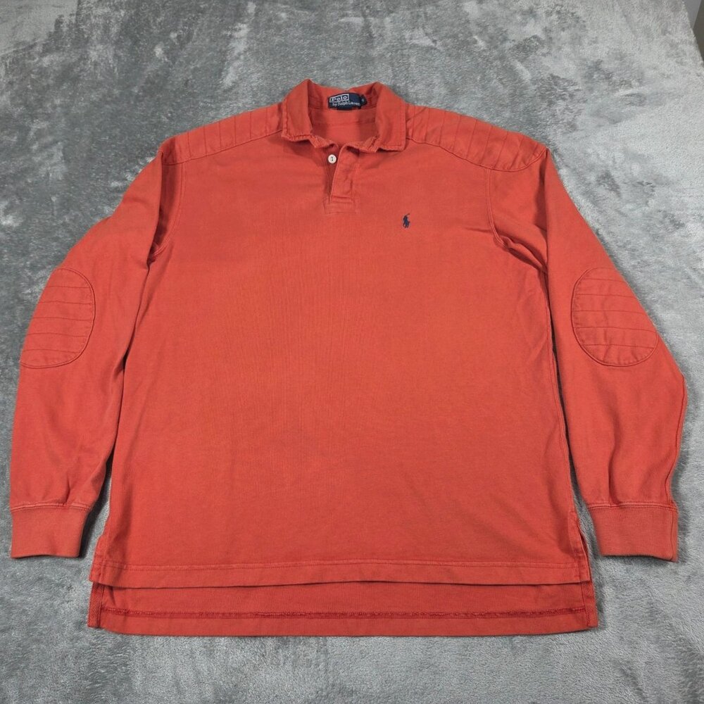 Vintage Polo Ralph Lauren Shirt Mens Medium Orange Rugby Elbow Shoulder Patches
